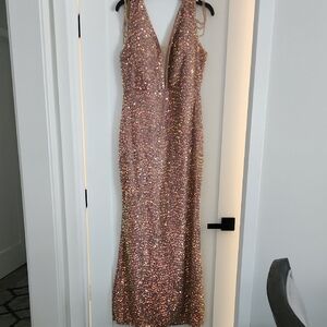 SHEIN Pink Gold Sequin V-Neck Sleeveless Gown